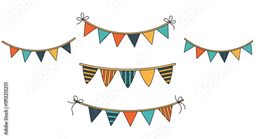 Five decorative bunting banner strings in various colors and patterns like stripes and solids used for parties and festive celebrations.