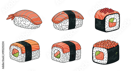 Delicious assortment of six different sushi rolls and nigiri pieces featuring fresh salmon, rice, seaweed, avocado, and bright red roe.