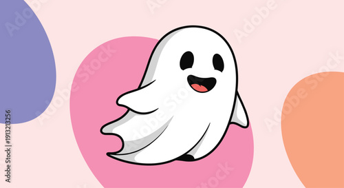 Friendly cartoon ghost with a happy smile floating playfully over an abstract background of soft purple, pink, and orange rounded shapes.