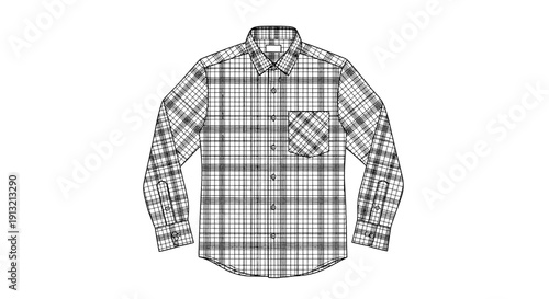 Detailed technical line drawing of a long sleeved plaid button up shirt for men with a single chest pocket and collar on white background.
