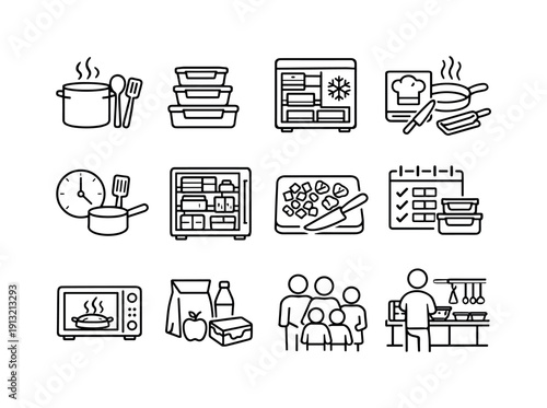 Meal Prep for Busy Families. Line icon set of Meal Prep for Busy Families: batch cooking, food containers stack, freezer meals, quick