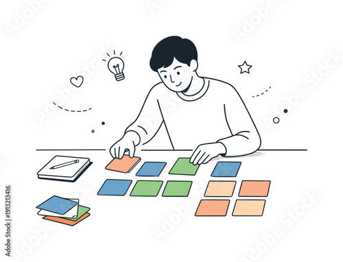 Color coordination. A person arranges colored cards on a table, thoughtfully matching tones and shades. Calm creative process and visual