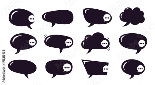 Various shapes of black speech bubble silhouettes with three dots inside representing thought or conversation on a white background.