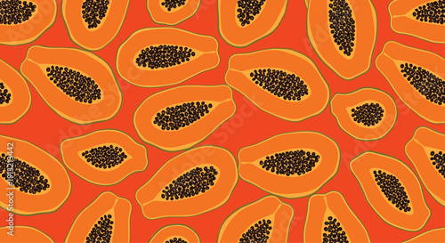 Tropical seamless pattern of sliced ripe papaya halves showing the orange flesh and black seeds against a vibrant solid orange background.