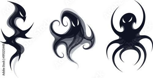 Dark fantasy ghost creatures illustration, abstract monstrous figures with smoky forms and claws, eerie horror artwork, supernatural design concept, creepy cartoon style