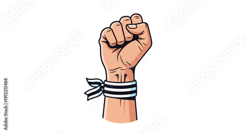 Powerful illustration of a raised clenched fist with a black and white striped wristband symbolizing strength, unity, and protest action.