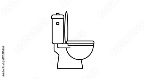 Minimalist black and white line drawing of a standard ceramic toilet with the lid open shown from a side perspective on white background.