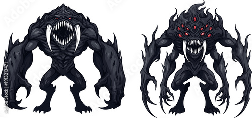 Fantasy horror monsters illustration, grotesque humanoid beast and alien creature with claws teeth and glowing eyes, eerie dark artwork, creepy cartoon style design