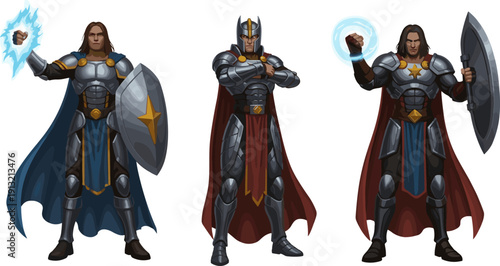 Fantasy armored warriors illustration, heroic fighters with shields and capes, magic aura and lightning powers, medieval battle concept, epic cartoon style artwork