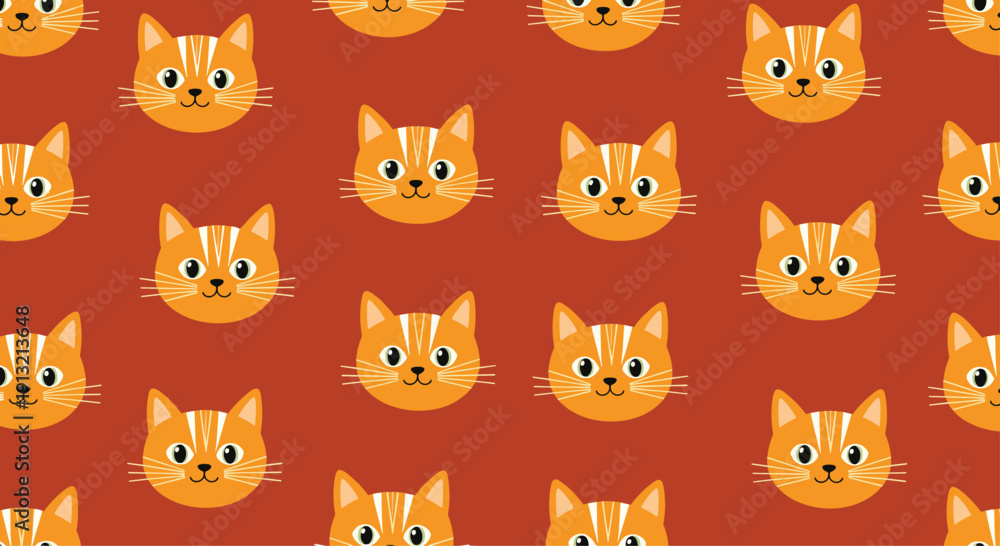 Fototapeta premium Seamless repeat pattern of cute orange tabby cat faces on a dark terracotta red background for pet lovers, textile design, and nursery wallpaper.