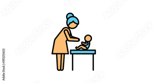 Simple icon illustration showing a mother changing a baby diaper on a table as a sign for nursery facilities, parenting care, and child hygiene.