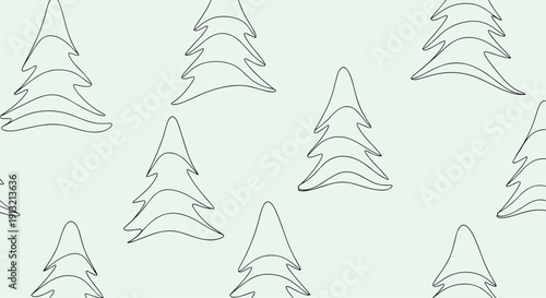 Seamless minimalist line art pattern of abstract fir trees on a light green background for winter holiday, forest nature, and textile design themes.
