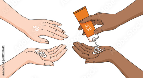 Diverse hands applying sunscreen lotion from an orange SPF 30 tube for sun protection and skin health awareness on a clean white background.
