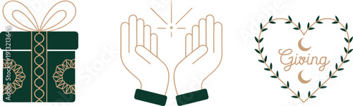 Gift box illustration with golden ribbon, open hands offering light spark, leafy heart wreath with giving text, generosity kindness festive design