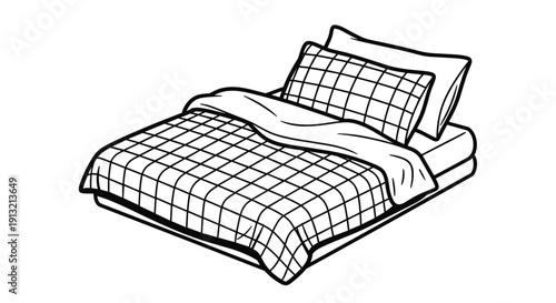 Simple black and white line drawing of a comfortable bed with two pillows and a checked blanket for bedroom interior and sleep health illustrations.