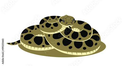 Large olive green snake with black circular patterns on its body lies coiled on the ground against a white background.