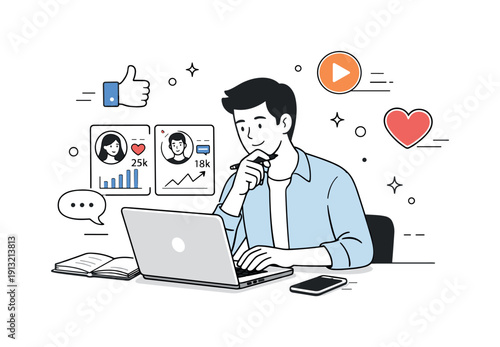 Influencer marketing strategies. A marketer reviews influencer profiles and content metrics on a laptop, planning collaborations. Calm