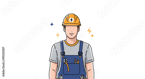 Professional male electrician in overalls and a yellow hard hat featuring a lightning bolt symbol stands confidently.