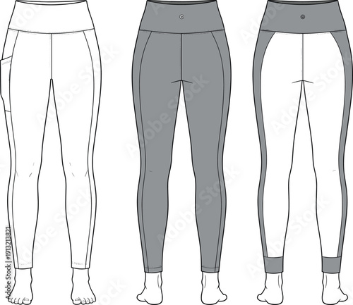 Fashion flat sketches of women's leggings in front view pants apparel