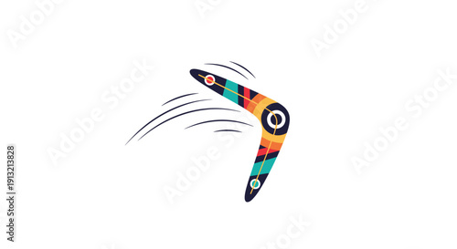 Colorful patterned boomerang flies through the air leaving speed lines against a clean white background in a dynamic pose.