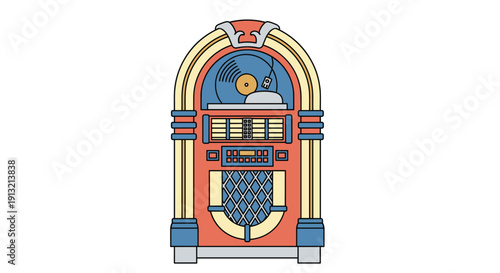 Vintage jukebox machine illustration showing a classic design with record player details and colorful light panels in retro style.