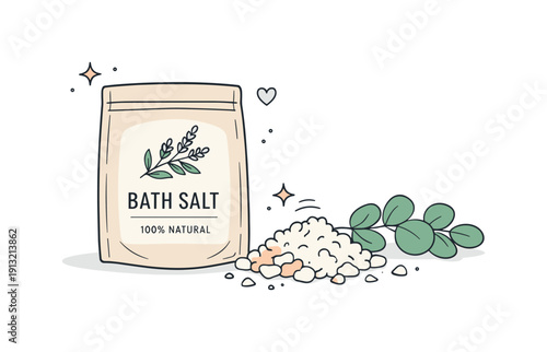 Natural Bath Salt Display. Natural bath salt pouch. A minimal fabric or kraft paper pouch labeled with botanical illustration, placed next to scattered bath