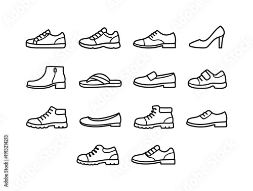 Shoe. Line icon set of Shoe: casual sneaker, running shoe, leather dress shoe, high heel, ankle boot, flip flop sandal, loafer slip-on, kids