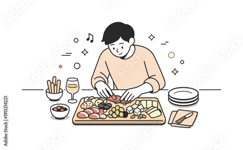 A person preparing a charcuterie board with a variety of meats and cheeses. Person leaning over a table, thoughtfully composing the board