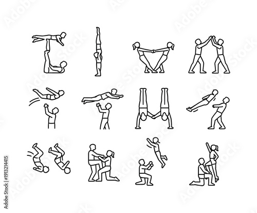 Acrobatics Icon Set. Partner acrobatics. Line icon set of Partner acrobatics: base flyer lift, shoulder stand, counterbalance pose, hand-to-hand grip, spinning