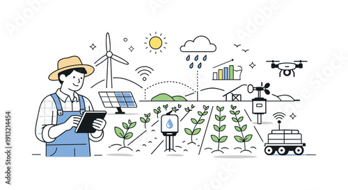 Agri-tech innovations. A modern farm scene with a farmer using a tablet to monitor crops supported by sensors and smart devices. Calm