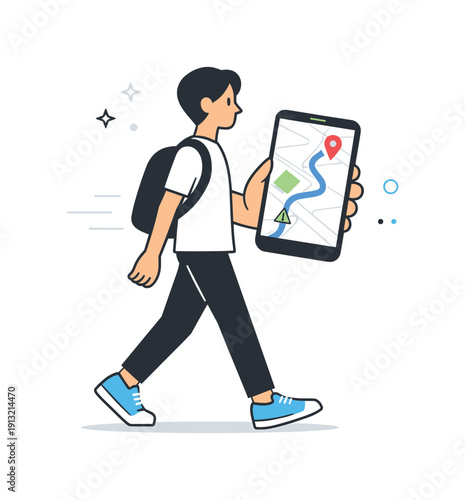 Smartphone Navigation Map. GPS navigation on phone. Person holding a smartphone with a clear map route and location pin on screen. Focused movement and