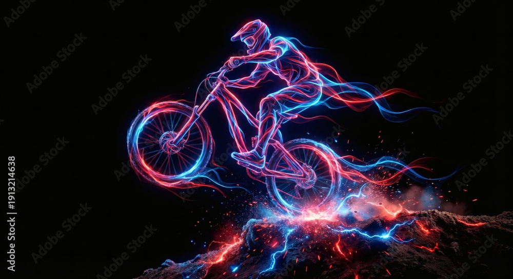 Fototapeta premium Mountain bike cyclist in motion, abstract neon silhouette with glowing blue and red energy trails, olympic cycling sports competition