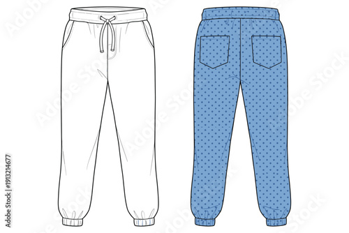 Front and back view of white and blue polka dot jogger pants trousers joggers