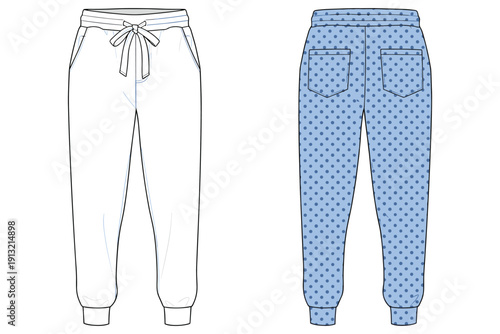 Front and back view of white and light blue polka dot jogger pants trousers joggers