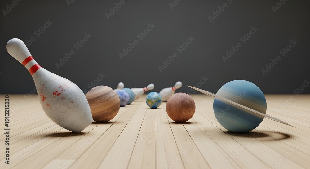 Naklejka premium Planets collide with bowling pins in creative universe scene