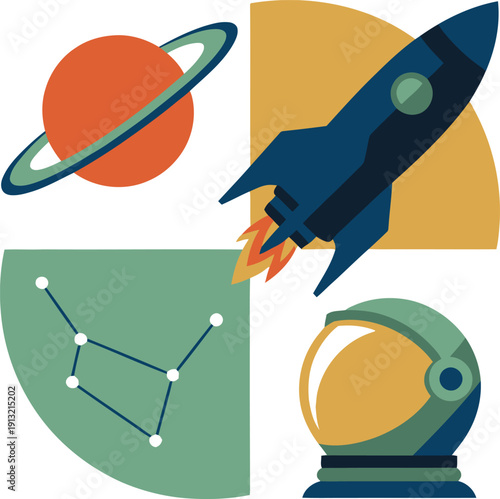 Space exploration icons with planet, rocket, constellation, and astronaut helmet logo