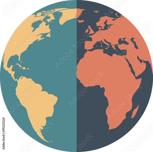 Stylized earth globe with continents, abstract world map illustration in two colors