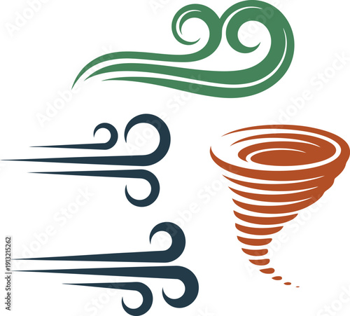 Wind swirl and tornado icon set for weather forecast and air motion logo design elements