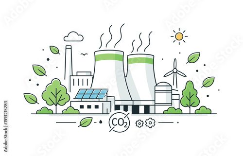 Industrial decarbonization. A compact power plant with cooling towers redesigned in a clean modern style, surrounded by trees and leaves