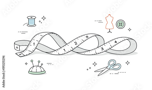 Tailoring concept. A measuring tape laid out in smooth loops, suggesting clothing measurement and careful craft. Calm composition focused on