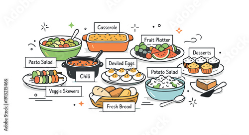 Potluck Table Arrangement. Potluck table arrangement. Clean editorial illustration of a table neatly arranged with various homemade dishes, labels or small