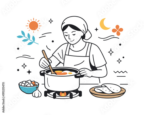 Home-style ethnic cooking. A person preparing a traditional dish in a pot, gentle movement and focused process. Warm cultural feeling with