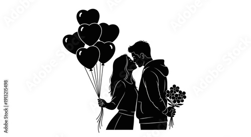 Happy valentines day girl and boy sharing a kiss with heart balloons and flowers in a loving moment