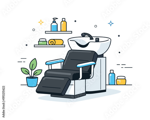 Salon washing station. A modern hair salon shampoo station with a comfortable chair and sink, calm interior mood showing relaxation and