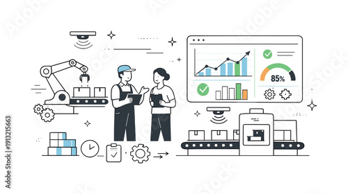 Manufacturing efficiency technology. Motion sensors connected to machines and dashboards, showing data-driven production flow. Calm, modern