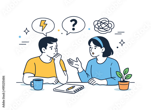 Partners in Discussion. Facing challenges together. Two partners discussing an issue with thoughtful expressions, balance between emotions and understanding.