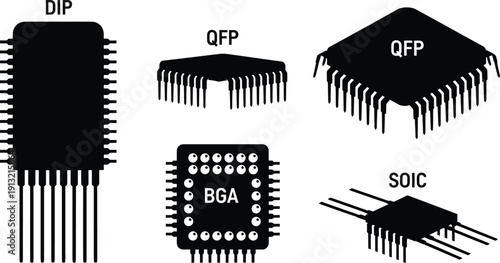 Silhouette vector set of 5 microchip types dip package qfp bga and soic integrated circuits