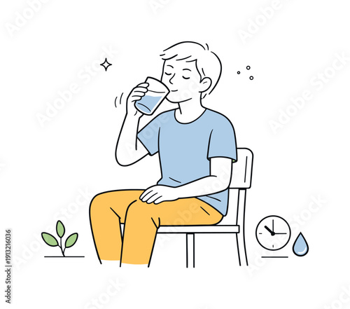 Slow Sip Silhouette. People drinking water slowly. A seated figure pauses mid-sip, eyes relaxed, glass tilted slightly. Sense of slowness and presence in a