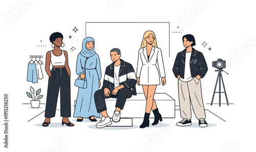 Modern diverse fashion scene. A calm runway or studio-inspired setting with models representing different backgrounds and styles. The