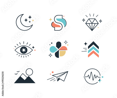 Minimal Geometric Branding. Minimal geometric shapes for branding. Abstract symbols and balanced forms create a refined visual identity, feeling modern and